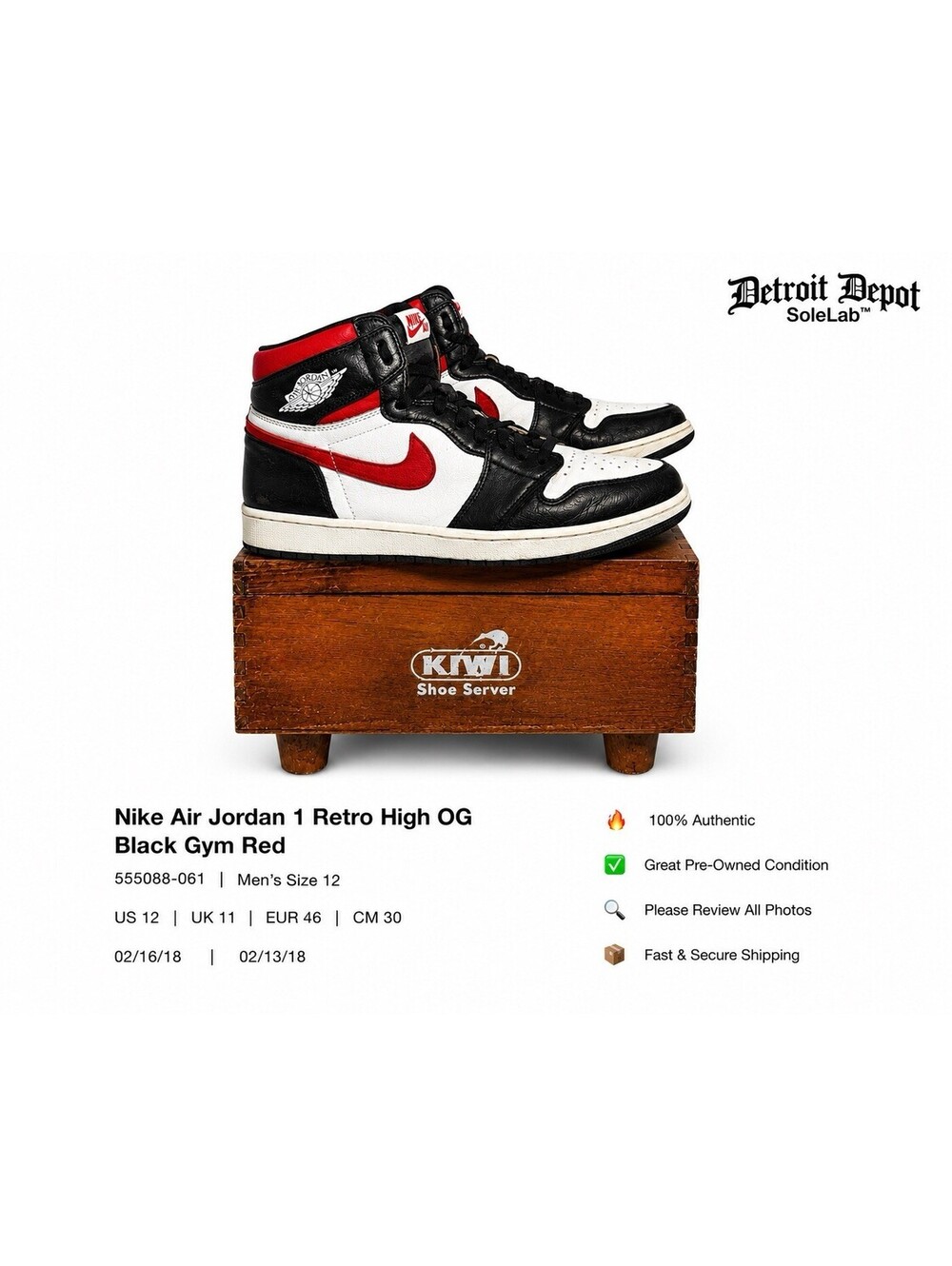Nike Air Jordan 1 Retro High OG Black Gym Red Bloodline 555088-061 Men’s Size 12